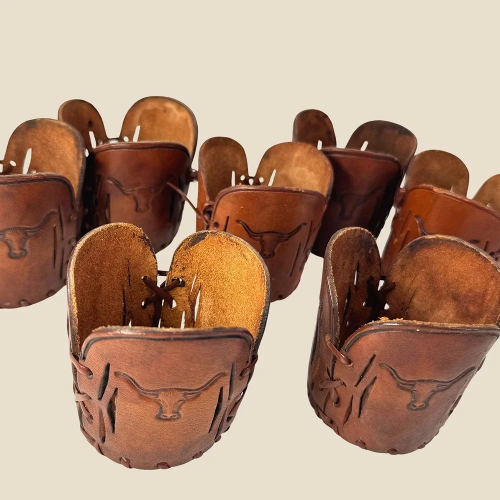 Vintage Tooled Leather Cup Holders Brown Texas Longhorn Western Barware Set 7